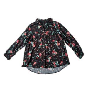 Lane Bryant Black and Colorful Floral Print Roll Tab Sleeve Button Blouse 14 16